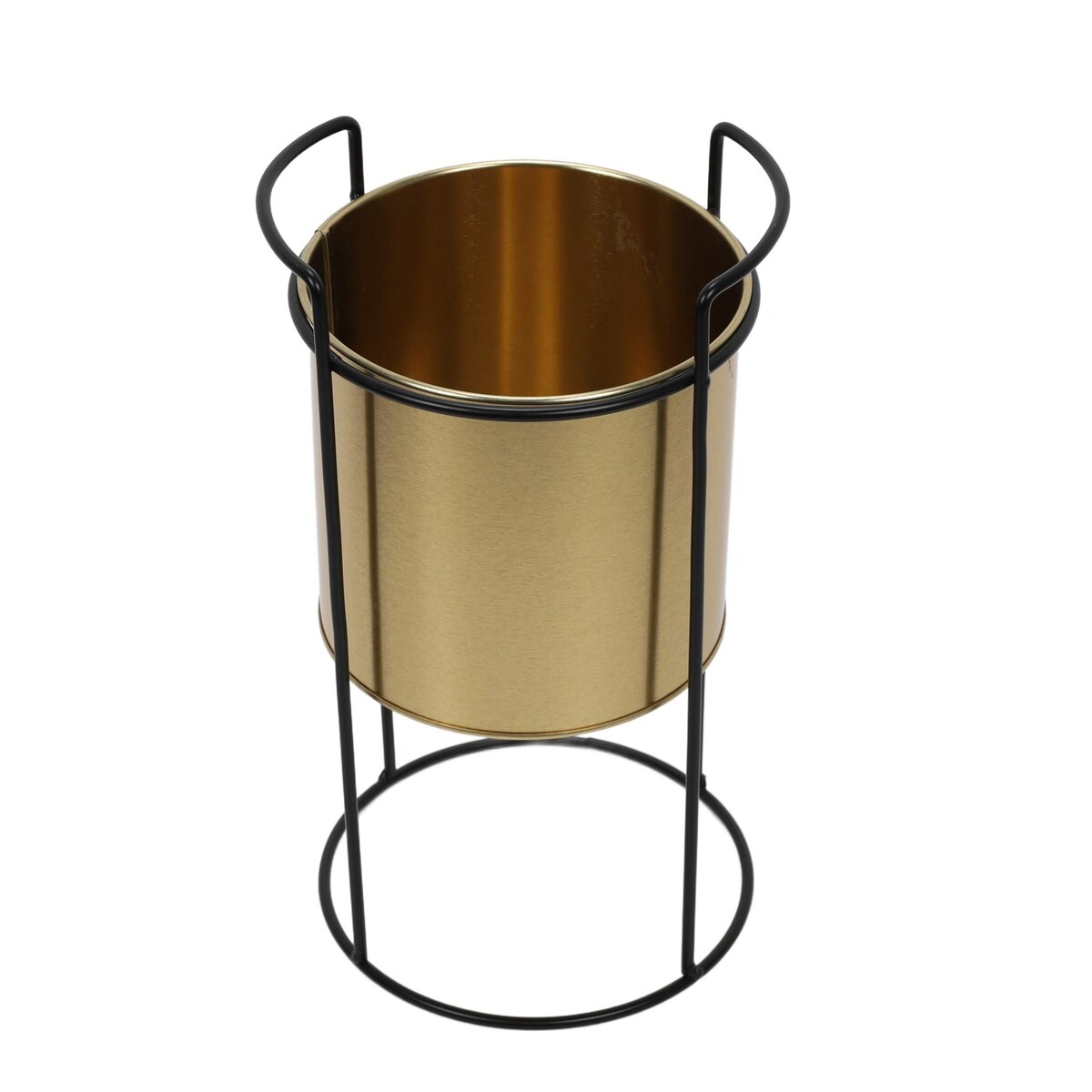 Złota doniczka, metalowa, na stojaku, wys. 31 cm