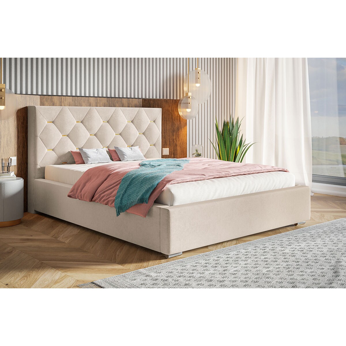 Łóżko tapicerowane 160x200 BEN 17 do sypialni z pojemnikiem na pościel-beż