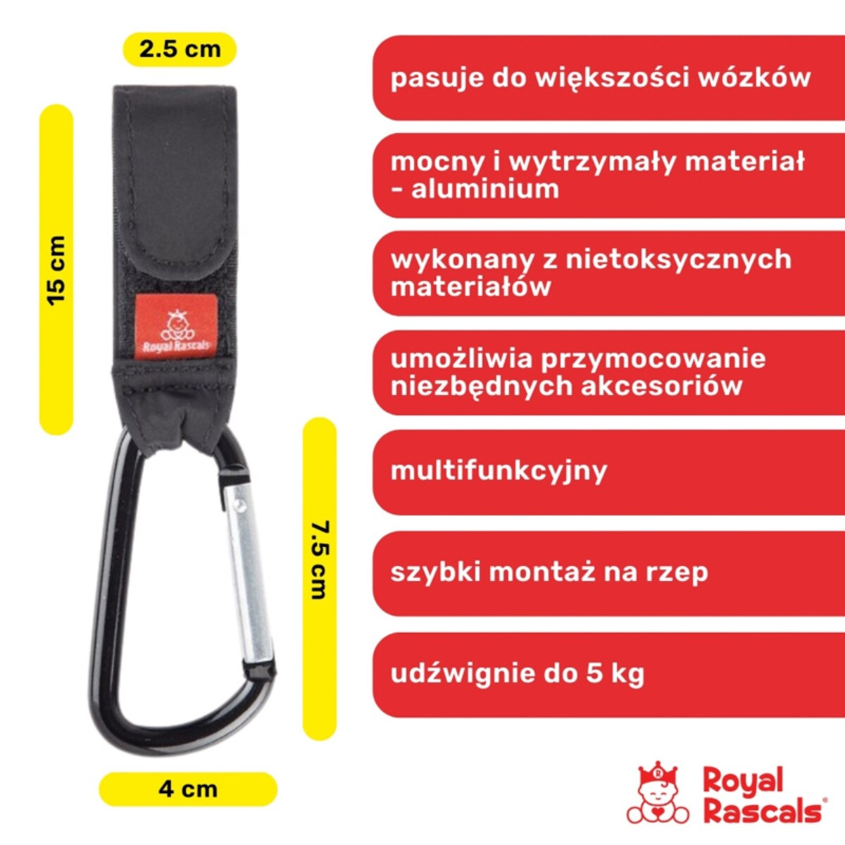 Karabińczyk do wózka, zestaw 2 szt., czarny, Royal Rascals