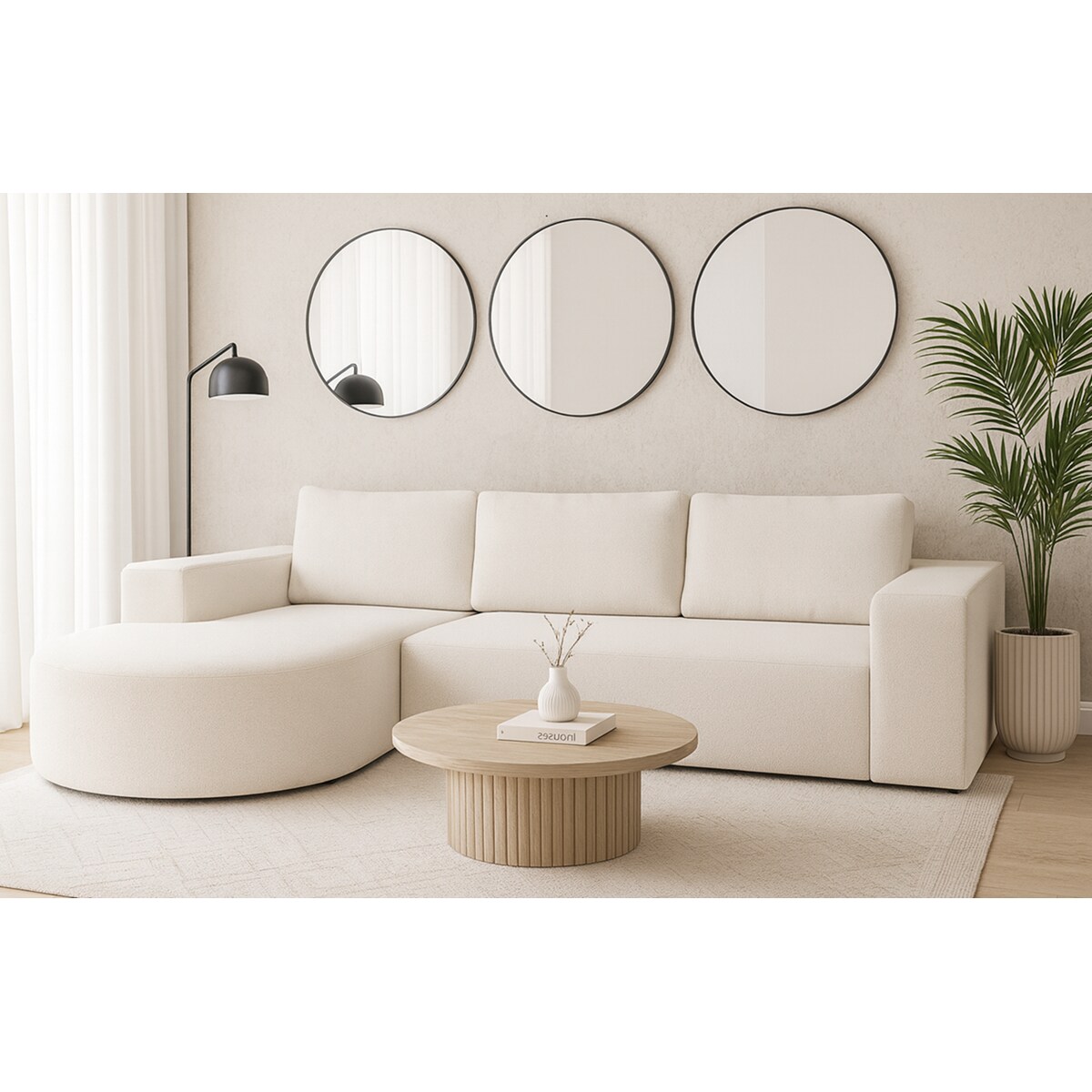 Narożnik Vello z funkcją spania do salonu, lewostronny- tkanina boucle-ecru