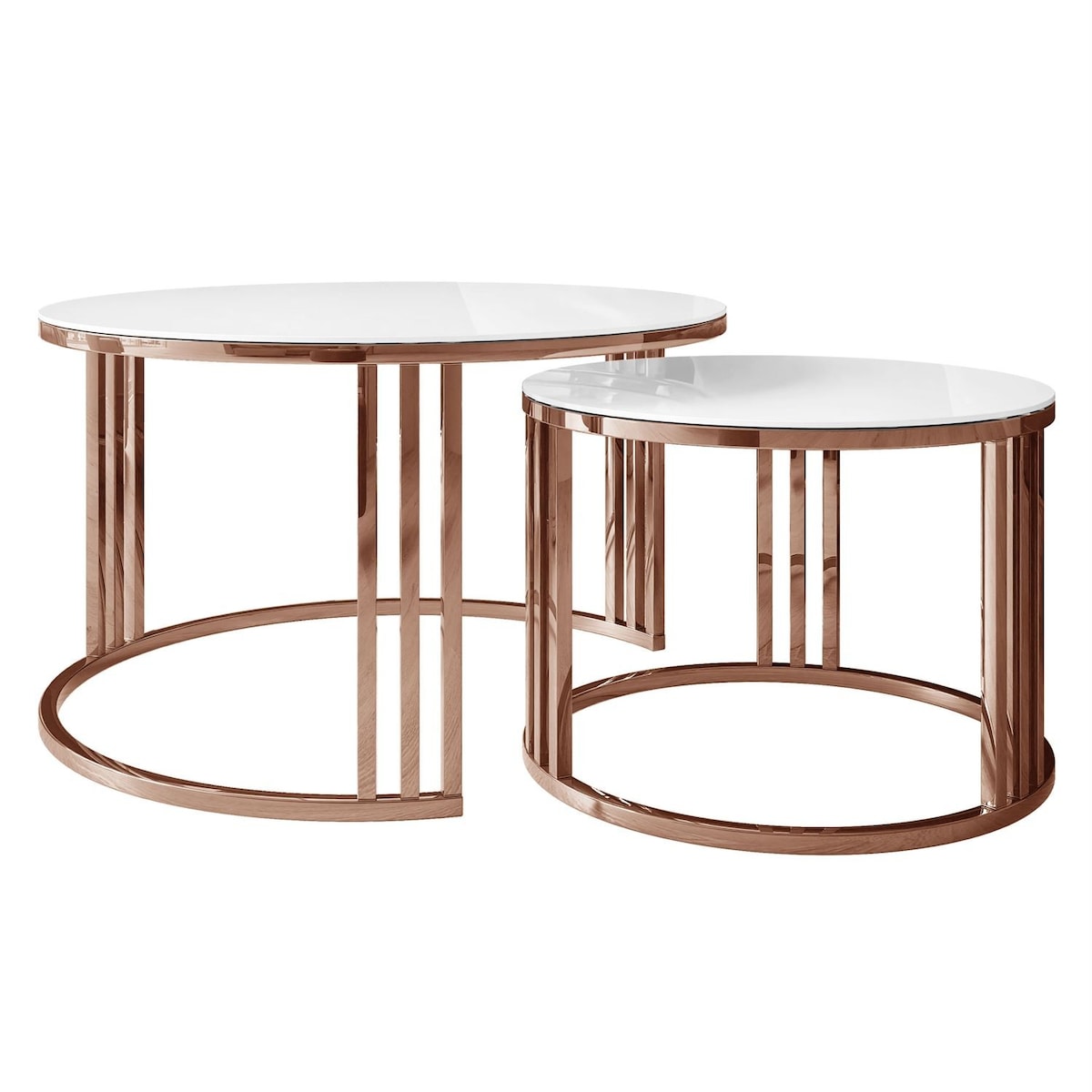 Zestaw stolików kawowych LORI 2w1, miedziana podstawa, białe szkło