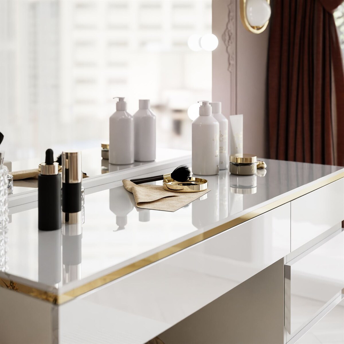 Toaletka AURORA II ELITE z lustrem i oświetleniem biały połysk