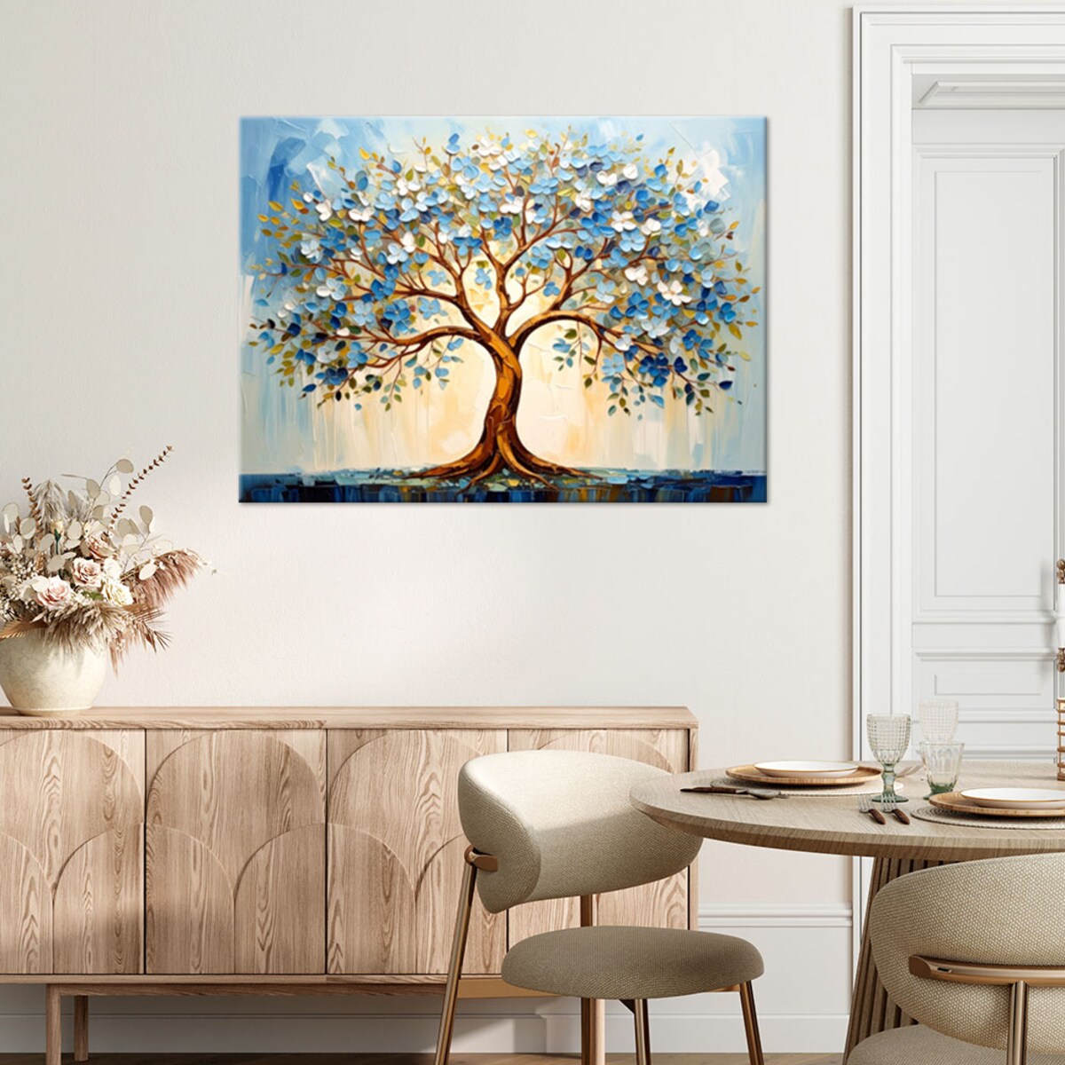 Feeby Obraz do salonu, 3D Niebieskie Drzewo Życia Kwiaty Abstrakcja 60x40