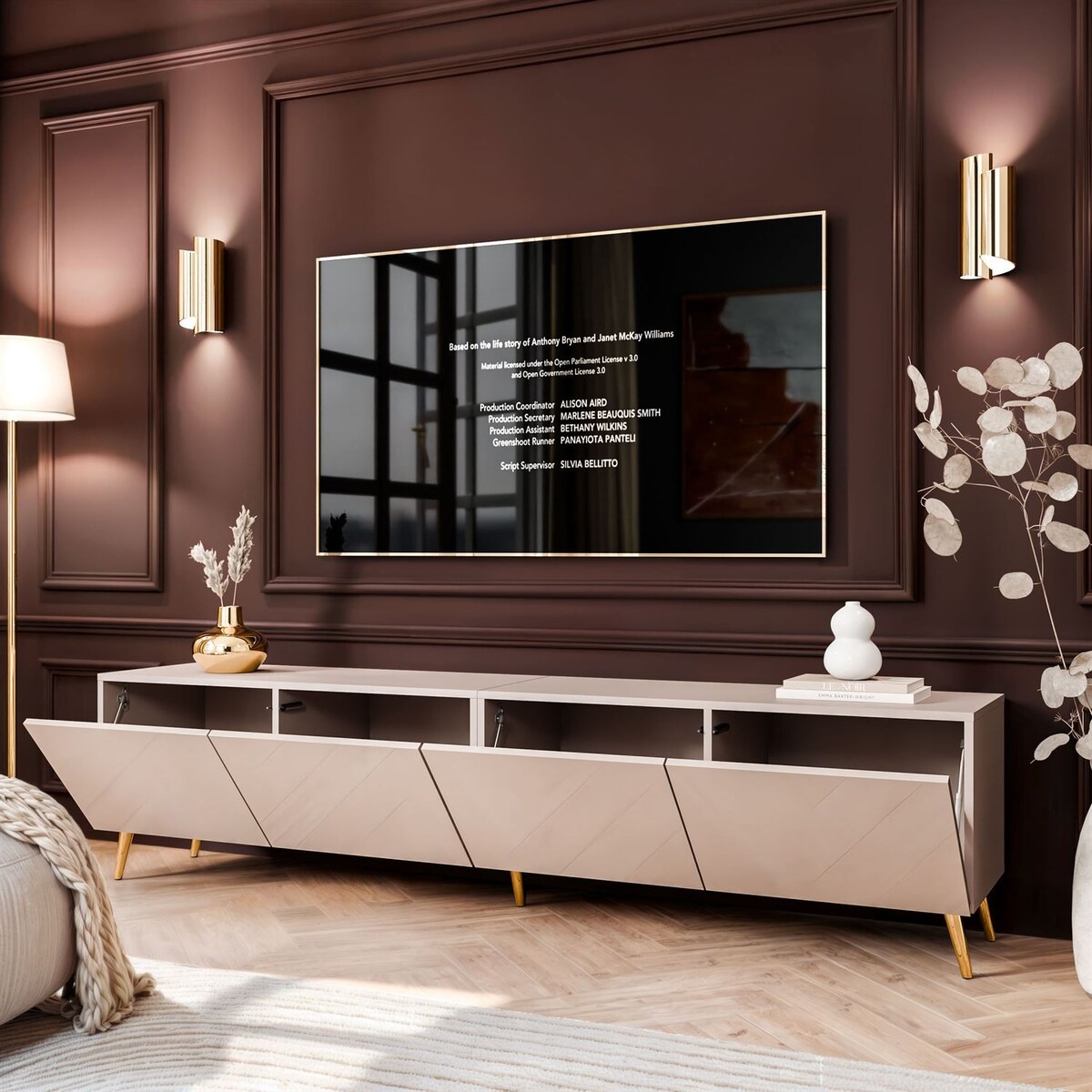 Szafka RTV COLGANTE 200 kaszmir wysoki połysk, oświetlenie LED, nóżki skośne złote