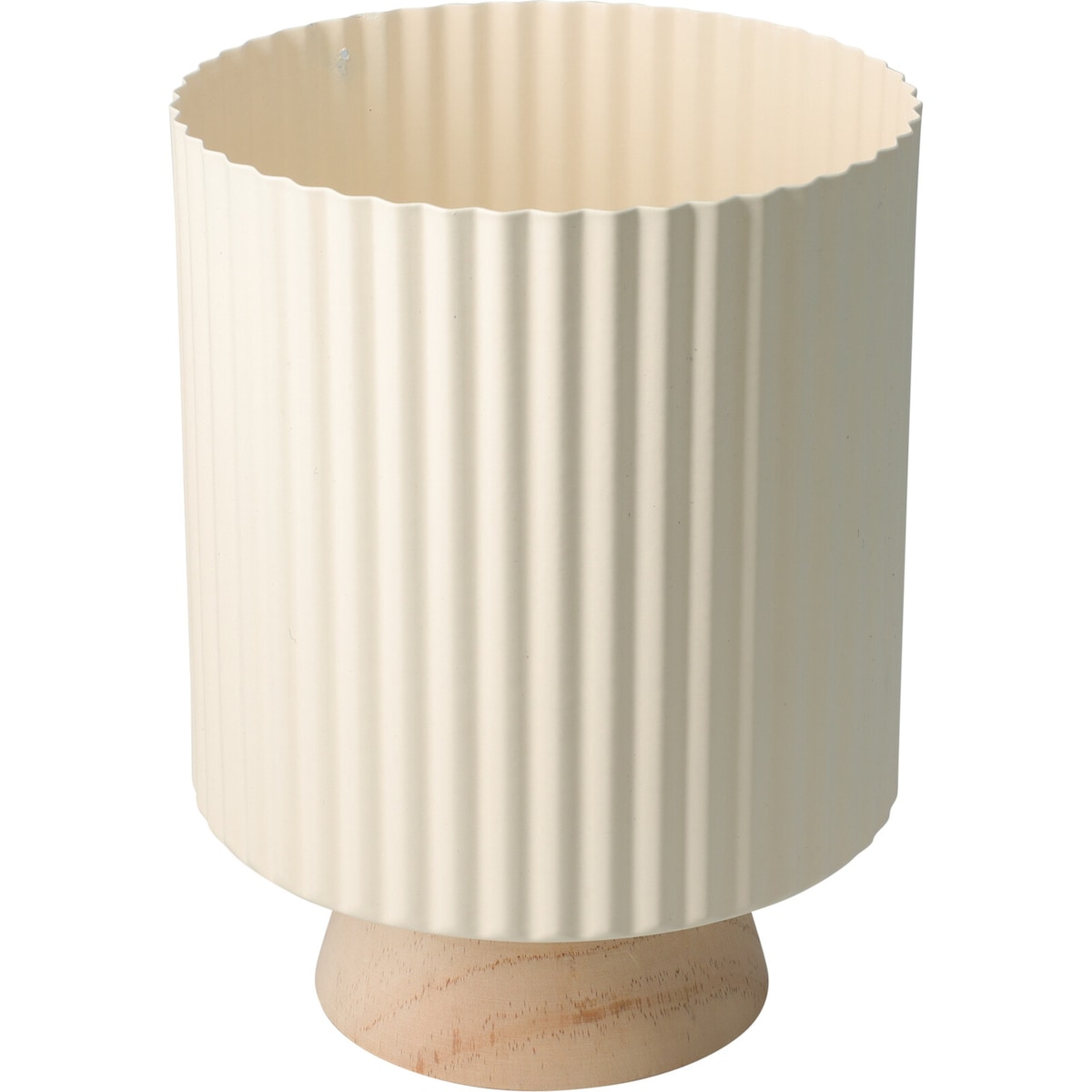 Metalowa osłonka na doniczkę z falowanym rantem na drewnianej podstawie NORD, Ø 18 x 23 cm