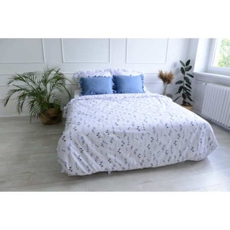 Pościel Bawełniana Z Falbanką Zestaw Komplet Do Sypialni Kołdra + 4 Poduszki 160X200 Niebieska Łączka Niebieski