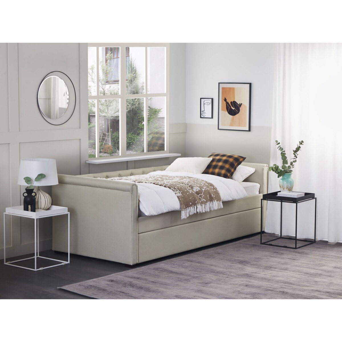 Łóżko wysuwane tapicerowane 90 x 200 cm beżowe LIBOURNE
