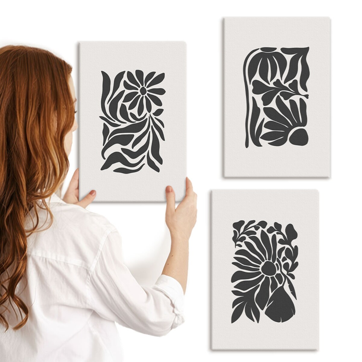 Zestaw 3 małych obrazów na płótnie - Abstrakcyjne roślinne wzory boho - czarno-biały