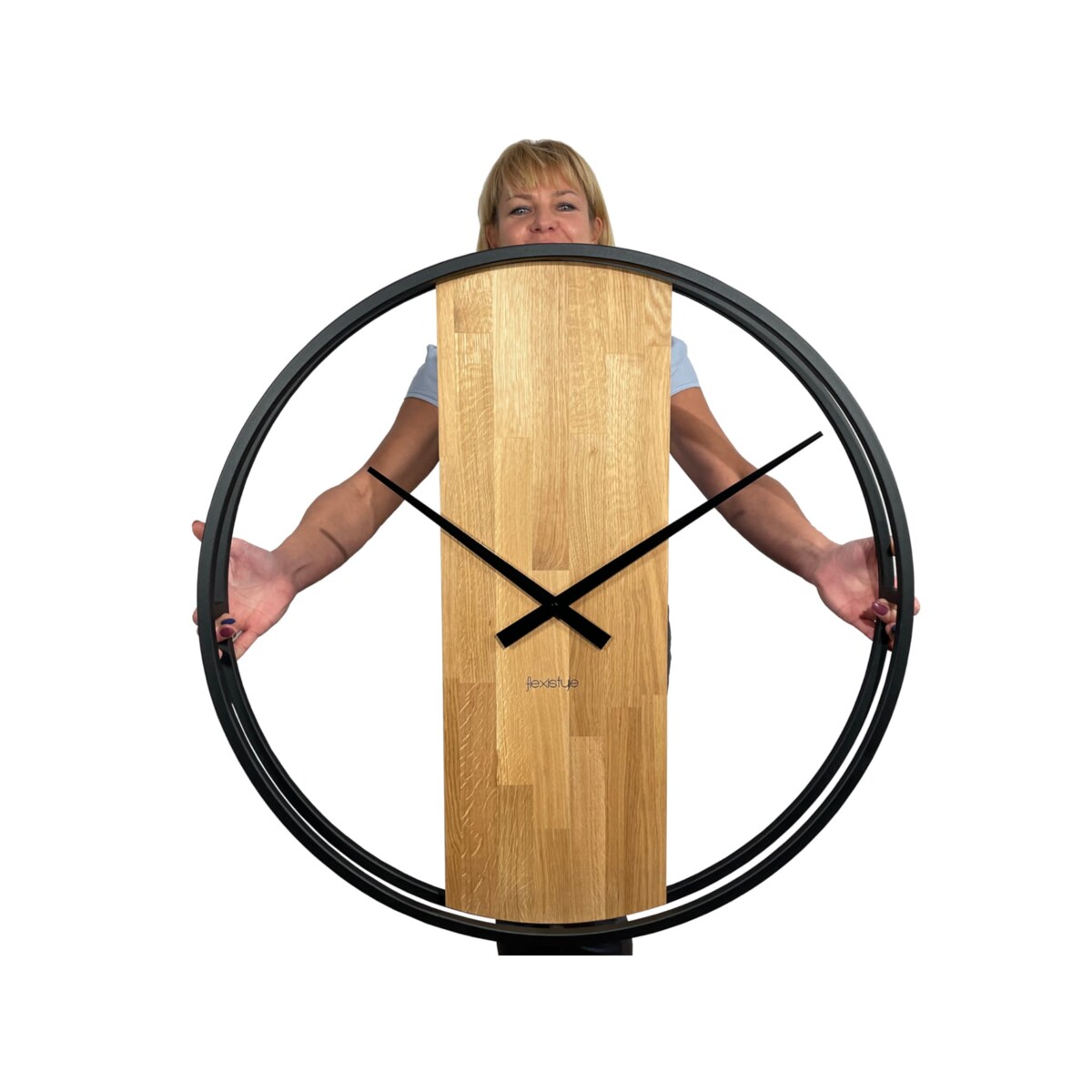 Zegar okrągły dębowy LOFT OVAL metal 80cm