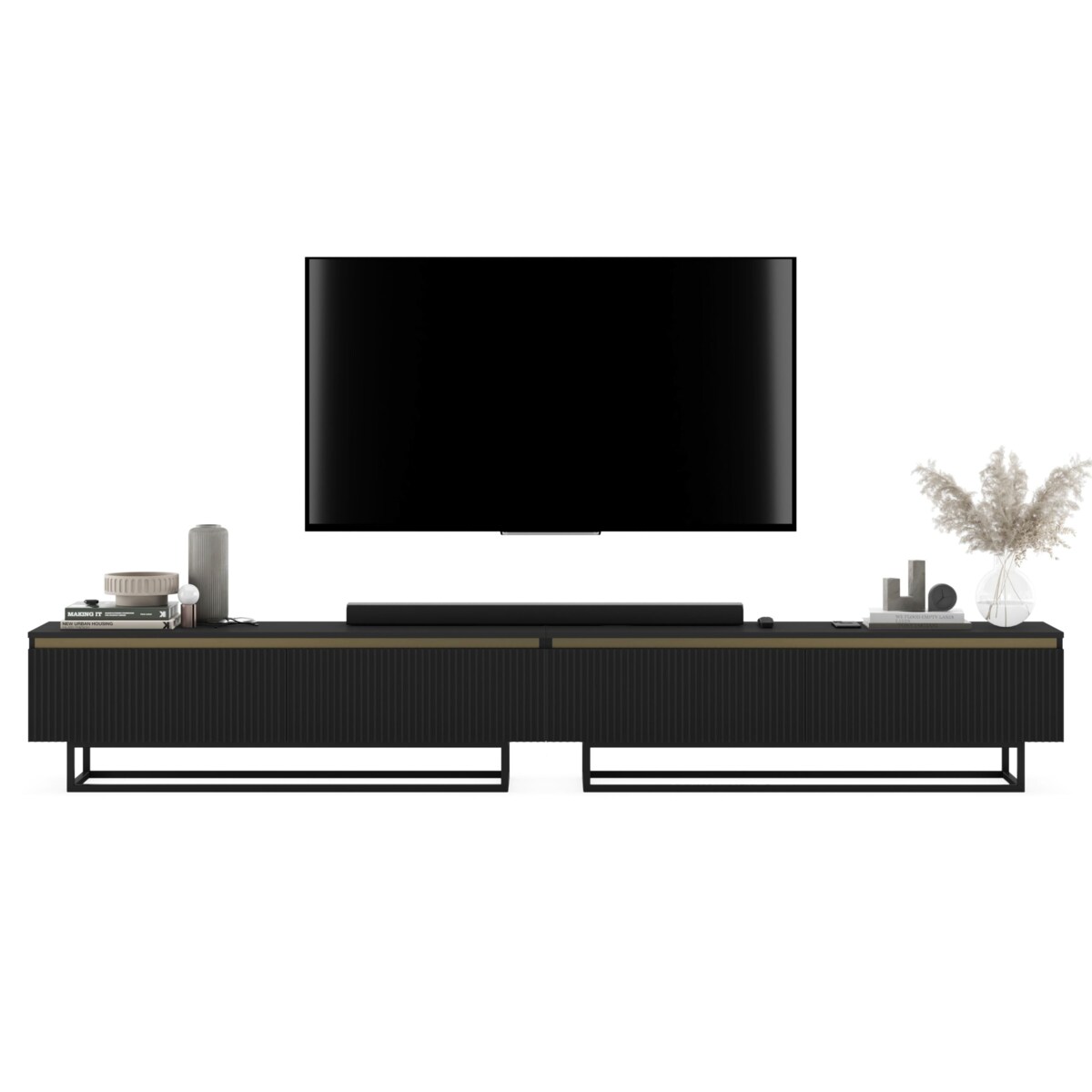 Nowoczesna Szafka RTV Glamour Komoda RTV Czarny Mat 280 cm czarny stelaż