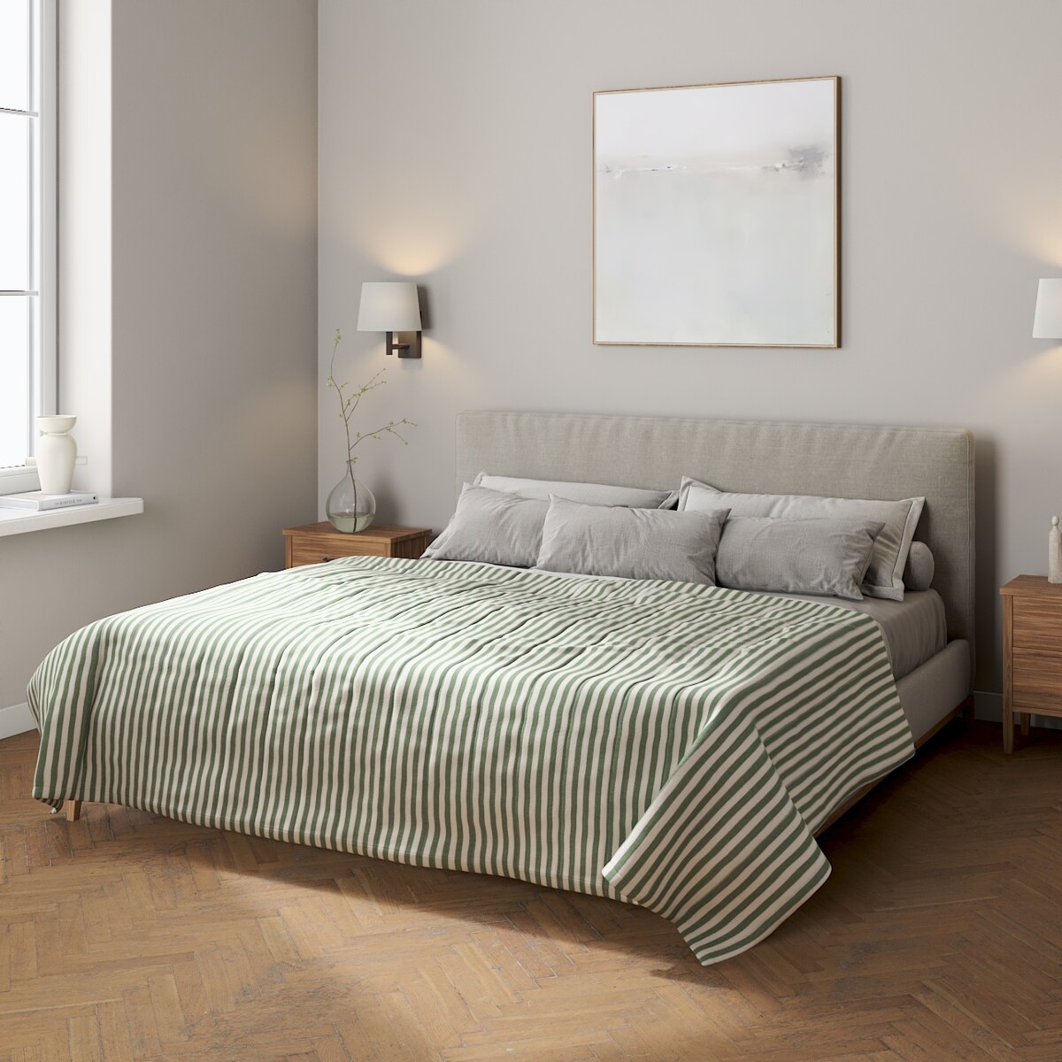 Narzuta pikowana w pasy 260x210 zielono-białe pasy (1,5cm)