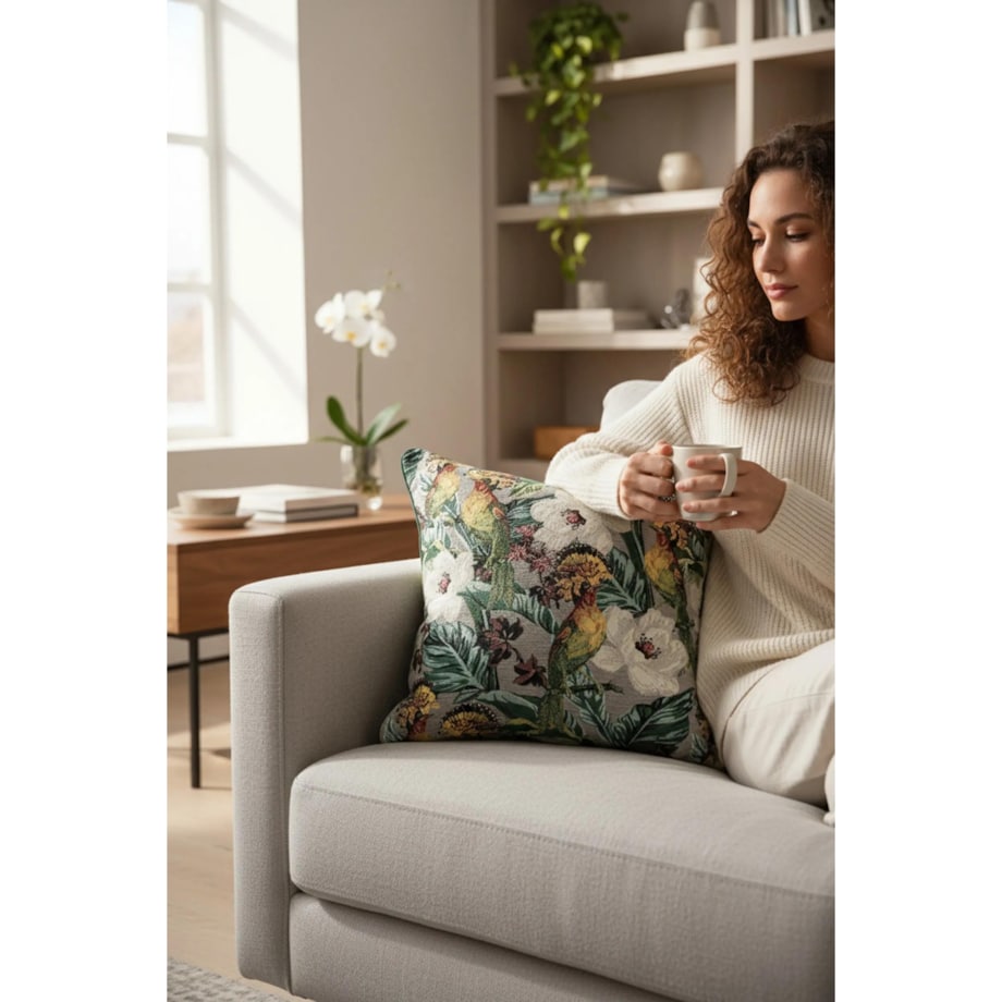 Poduszka dekoracyjna w liście i ptaki 45x45 - Echo Puszczy - polski żakard