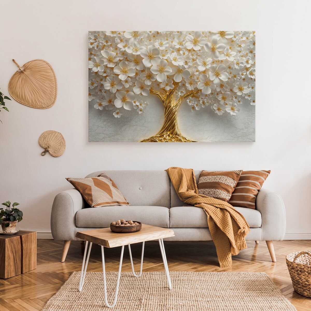 OBRAZ CANVAS DO SYPIALNI SALONU ABSTRAKCYJNE DRZEWO BIAŁE KWIATY 3D 70x50cm