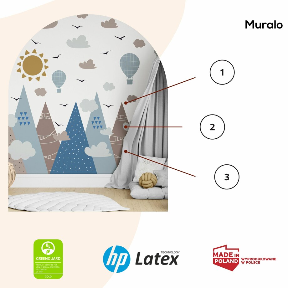 NAKLEJKI NA ŚCIANĘ DLA DZIECI GÓRY STYL BOHO BALONY PTAKI CHMURY ZESTAW