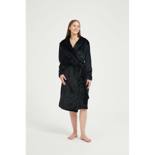 SZLAFROK Z KAPTUREM WIĄZANY CIEPŁY MIĘKKI UNISEX XS PAULO CZARNY