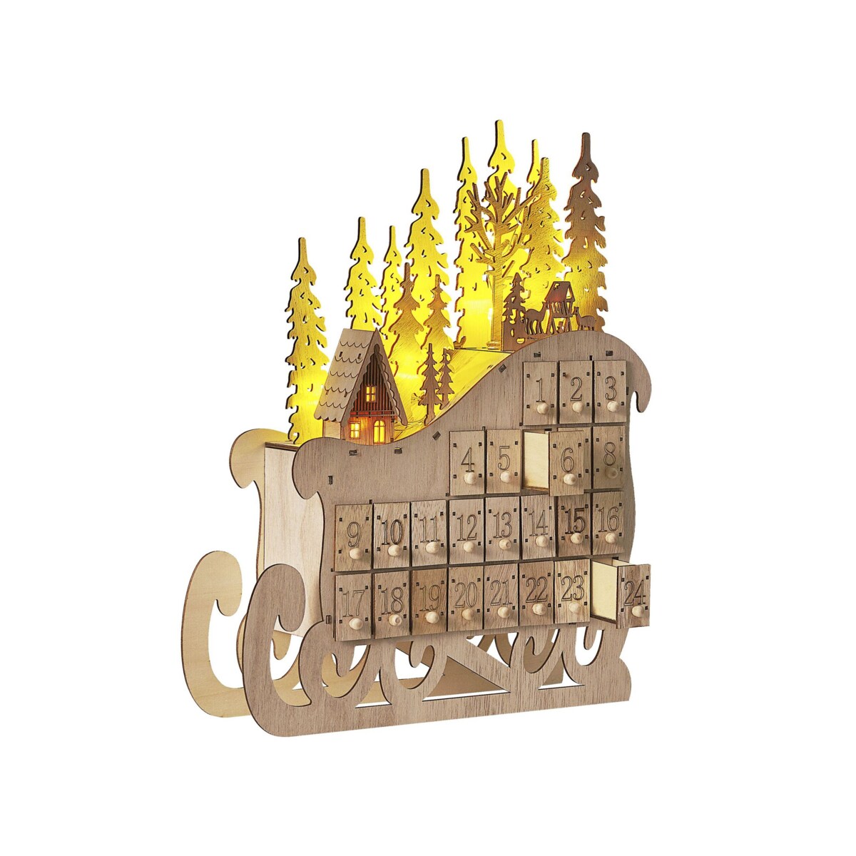 Figurka dekoracyjna LED sanie kalendarz adwentowy jasne drewno IMPALA