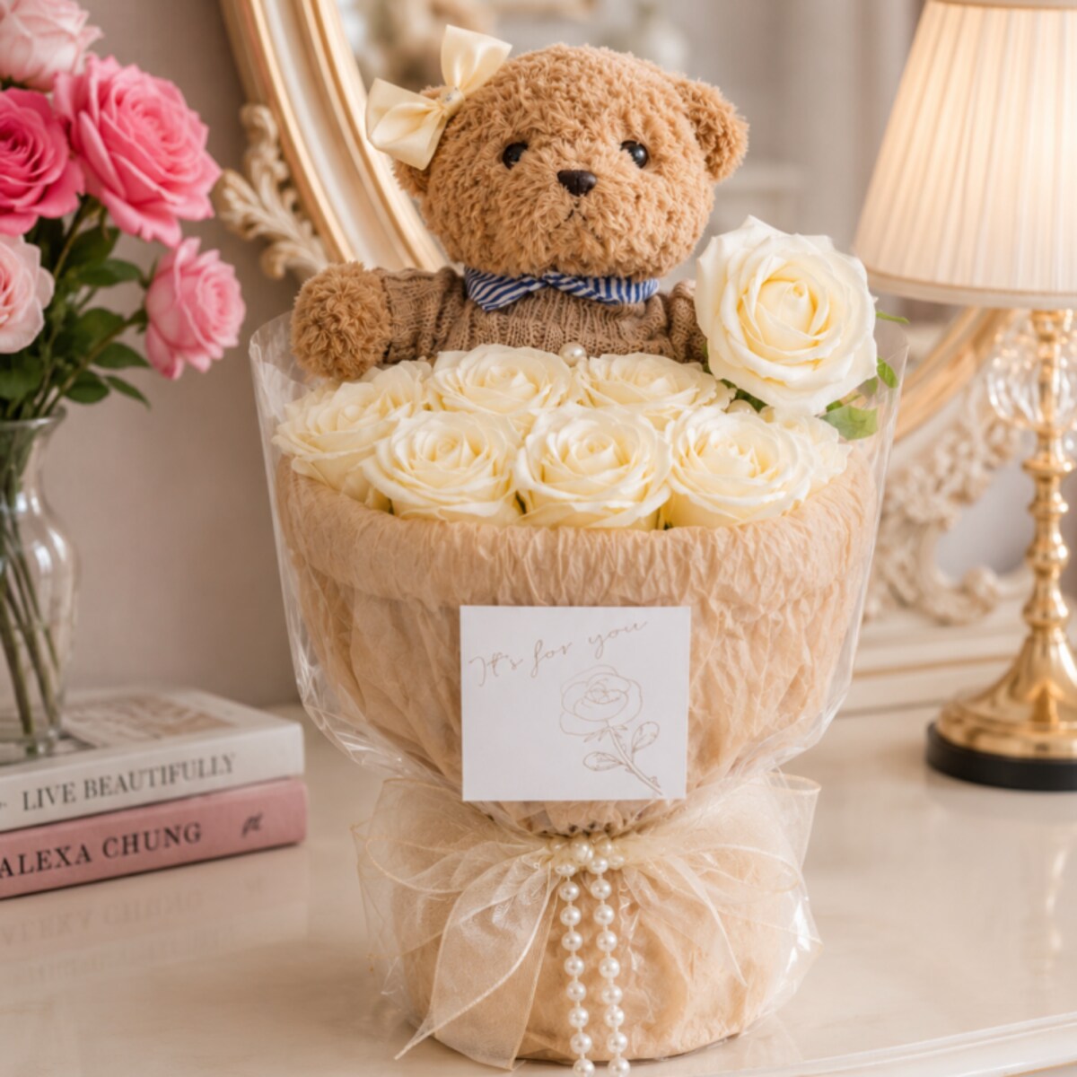 Flower box, bukiet zapachowych kwiatów mydlanych z MISIEM, LED 8szt. BUK31B