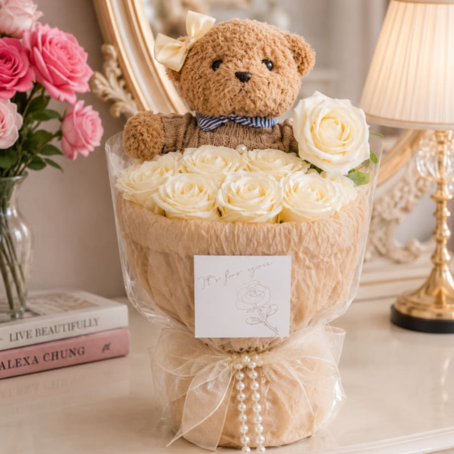 Flower box, bukiet zapachowych kwiatów mydlanych z MISIEM, LED 8szt. BUK31B