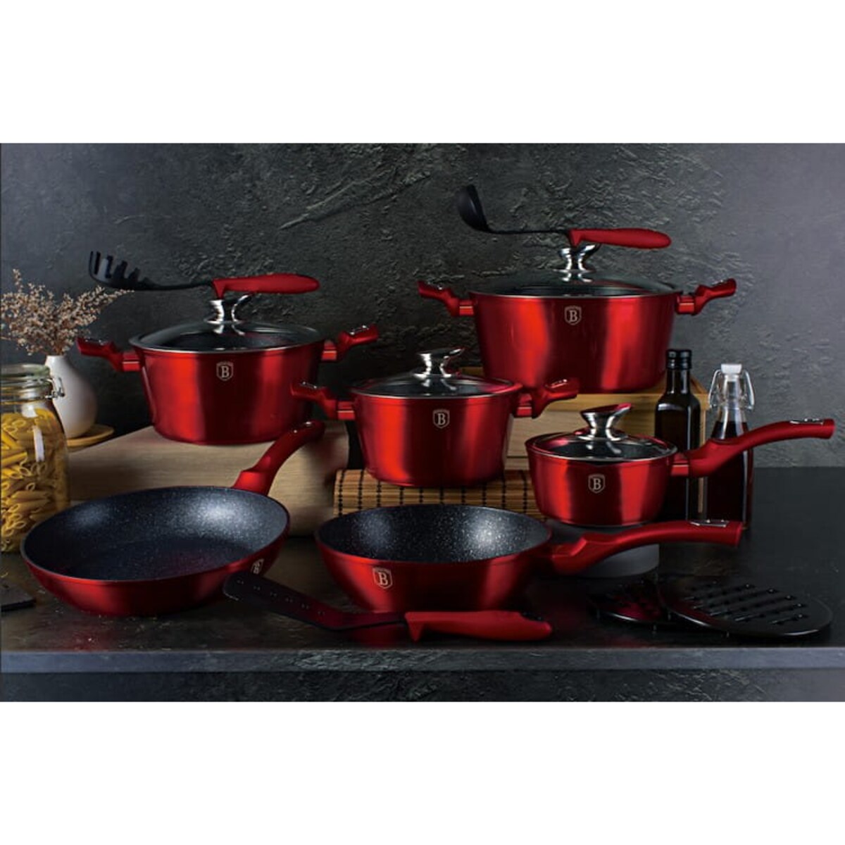 Zestaw 15 elementów garnki, patelnie, akcesoria Metallic Line Burgundy Berlinger Haus BH-1226