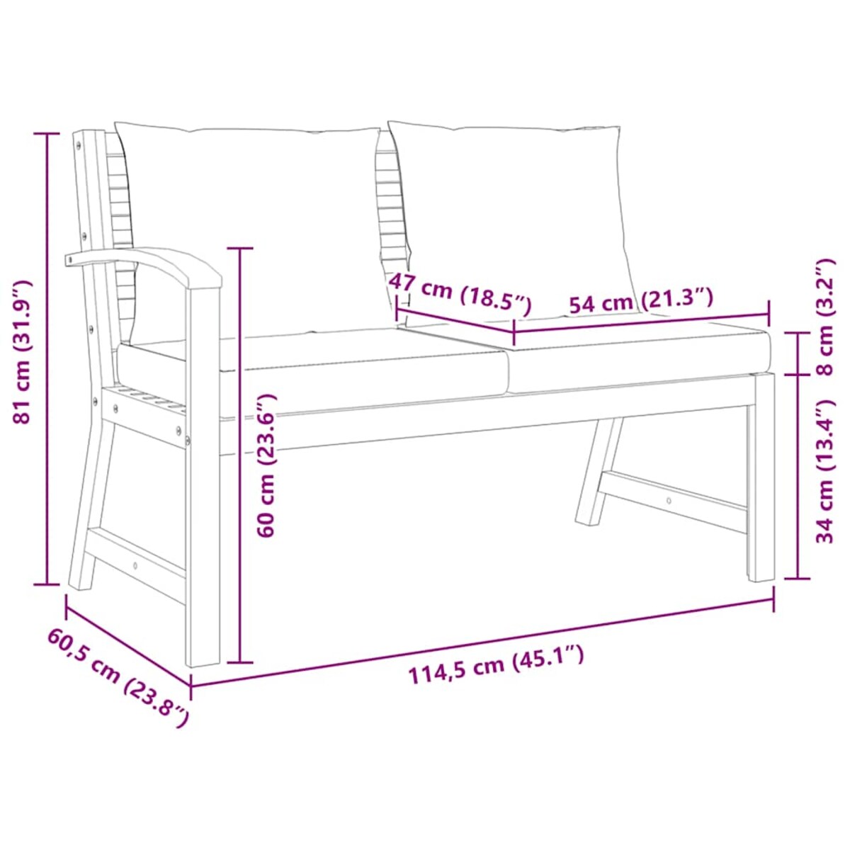 vidaXL Ławka ogrodowa, 114,5 cm, kremowe poduszki, drewno akacjowe
