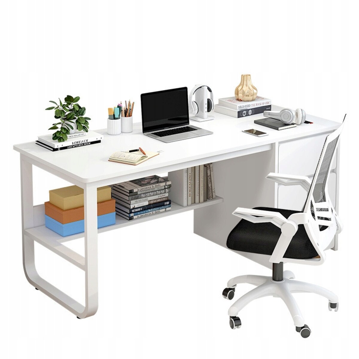 Biurko Komputerowe Młodzieżowe Białe Loft Skandynawski Duże Półki 100 Cm