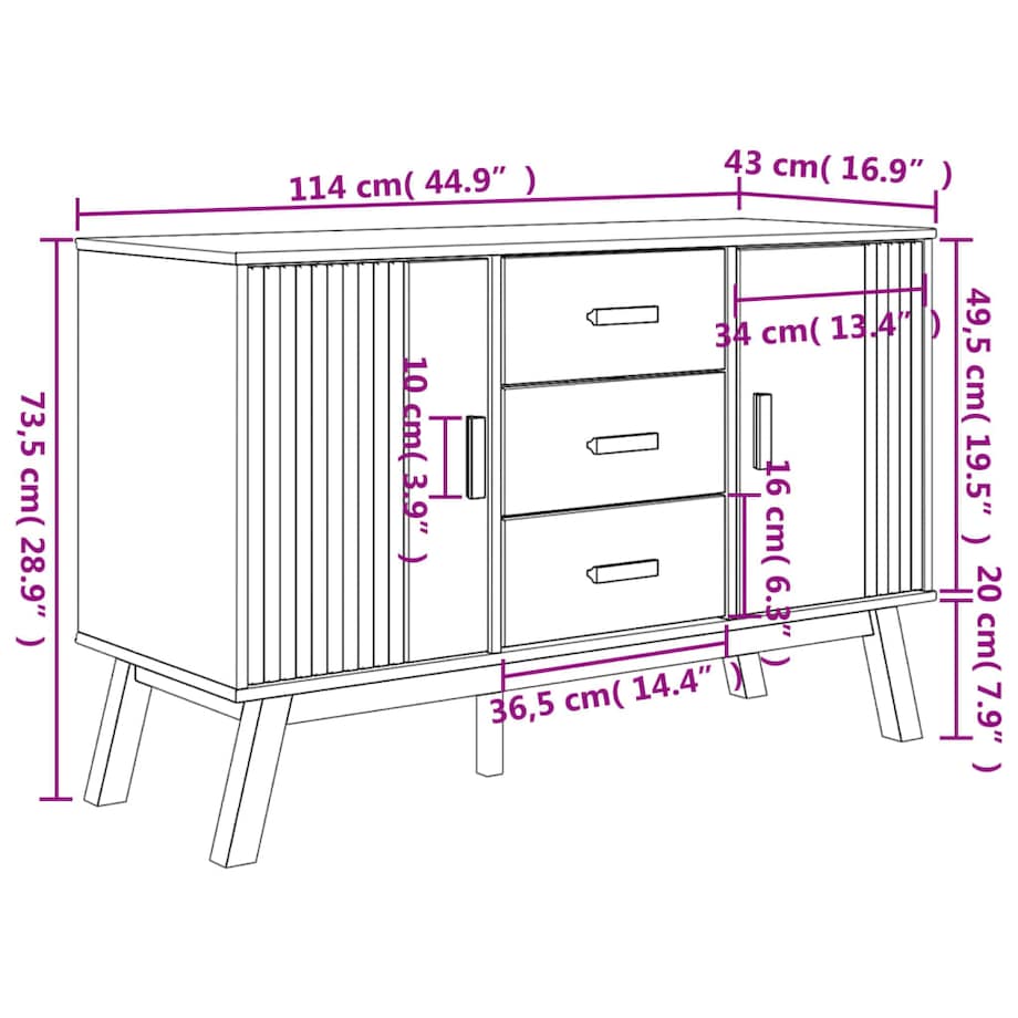 vidaXL Komoda OLDEN, szaro-brązowa, 114x43x73,5cm, lite drewno sosnowe
