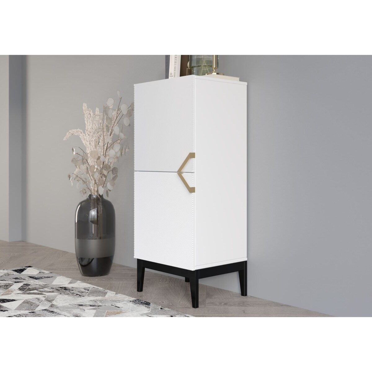 Drewniana komoda Visby DEMI HIGH 2D / kolor biały + czarne nogi / szer. 50,5 cm