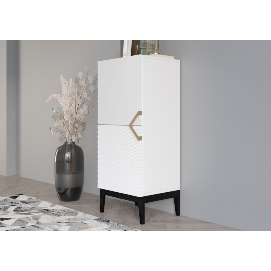 Drewniana komoda Visby DEMI HIGH 2D / kolor biały + czarne nogi / szer. 50,5 cm