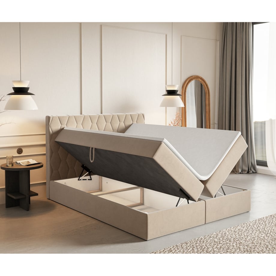 Łóżko kontynentalne G8 do sypialni 160x200 z pojemnikiem i materacem-beżowe