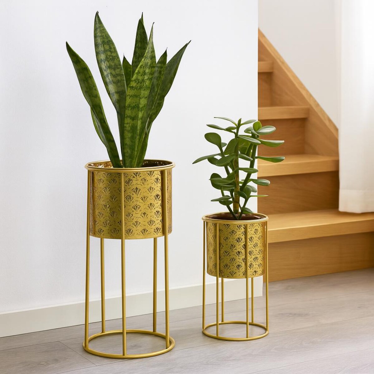 Kwietnik metalowy NAT, zestaw 2 szt., złoty, Ø 21x40 i 19x22 cm
