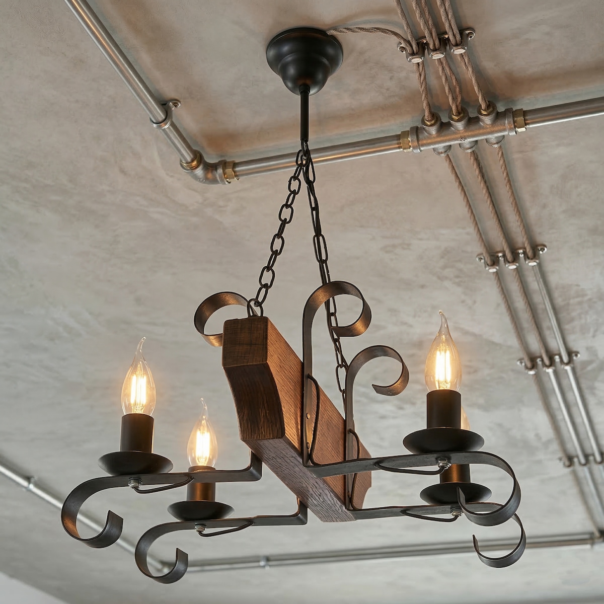 drewniana lampa wisząca 4 punktowa edylit retro