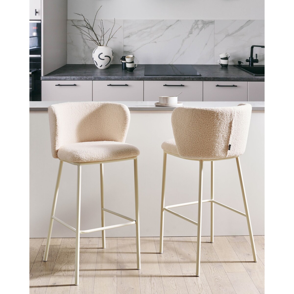 Zestaw 2 krzeseł barowych MINA II Boucle Beżowy