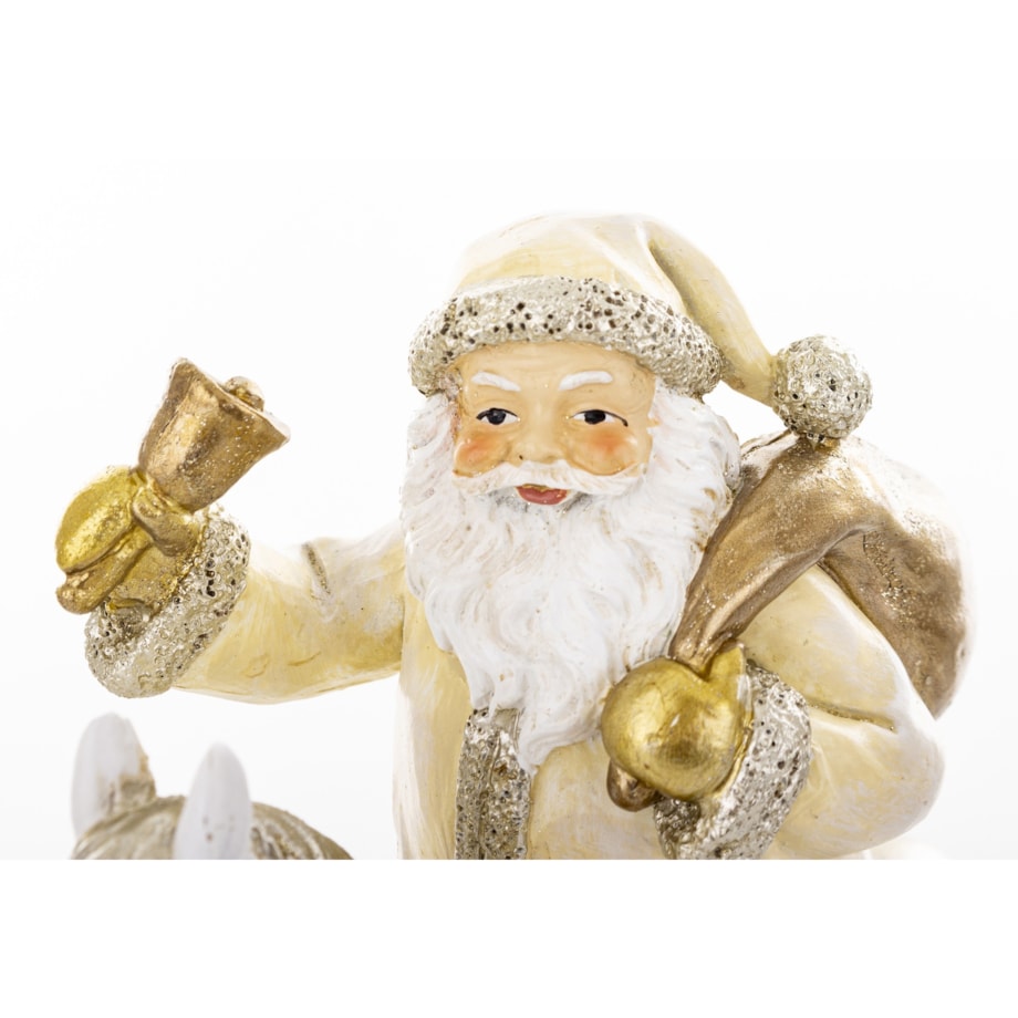 Święty Mikołaj na białym koniu na biegunach 22x20x8 cm z dzwonkiem i workiem