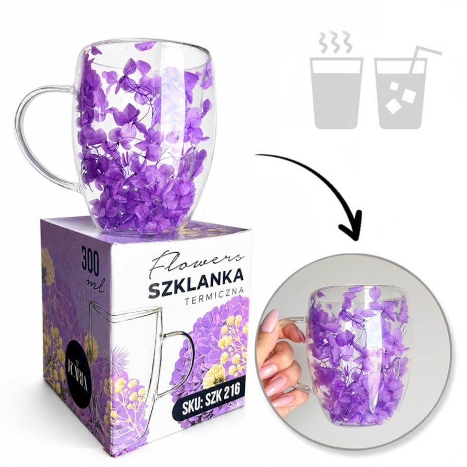 Szklanka termiczna z kwiatami w środku 300ml 1szt, pełna hortensji, niebieska SZK216