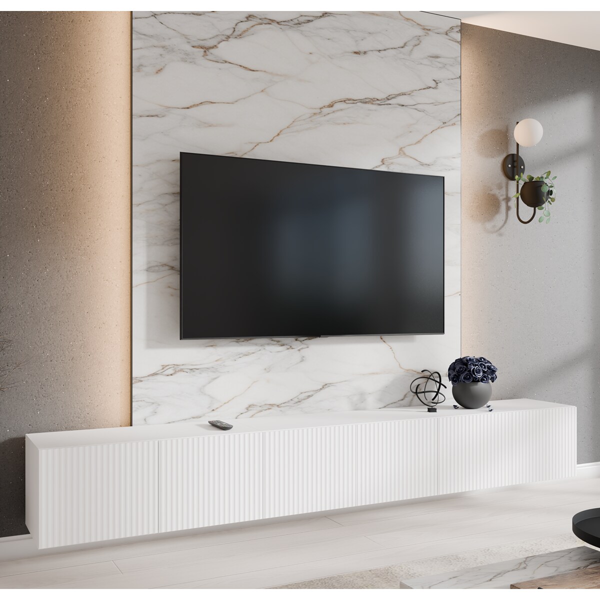 Szafka RTV NOELI 300 cm zamknięta do salonu, ryflowana- biała