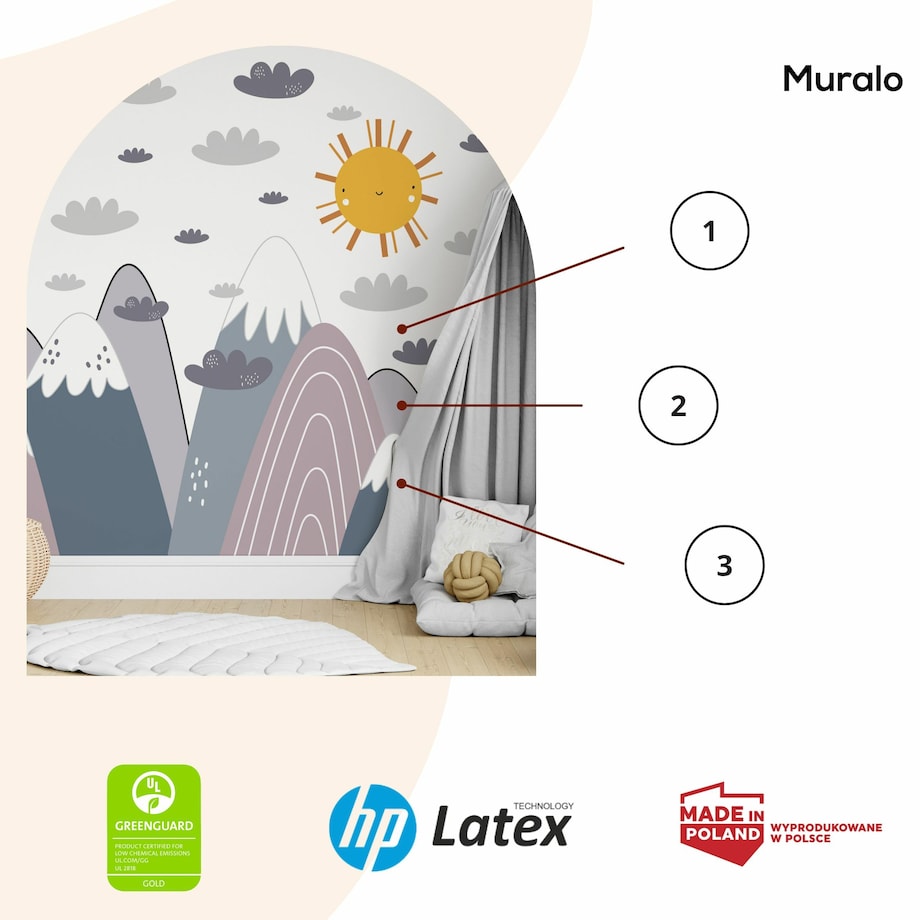 NAKLEJKI NA ŚCIANĘ DLA DZIECI FIOLETOWE GÓRY STYL SKANDYNAWSKI ZESTAW