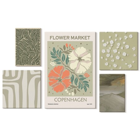 Zestaw 5 obrazów na płótnie - Roślinne motywy boho wzory - zielony