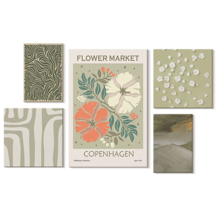 Zestaw 5 obrazów na płótnie - Roślinne motywy boho wzory - zielony