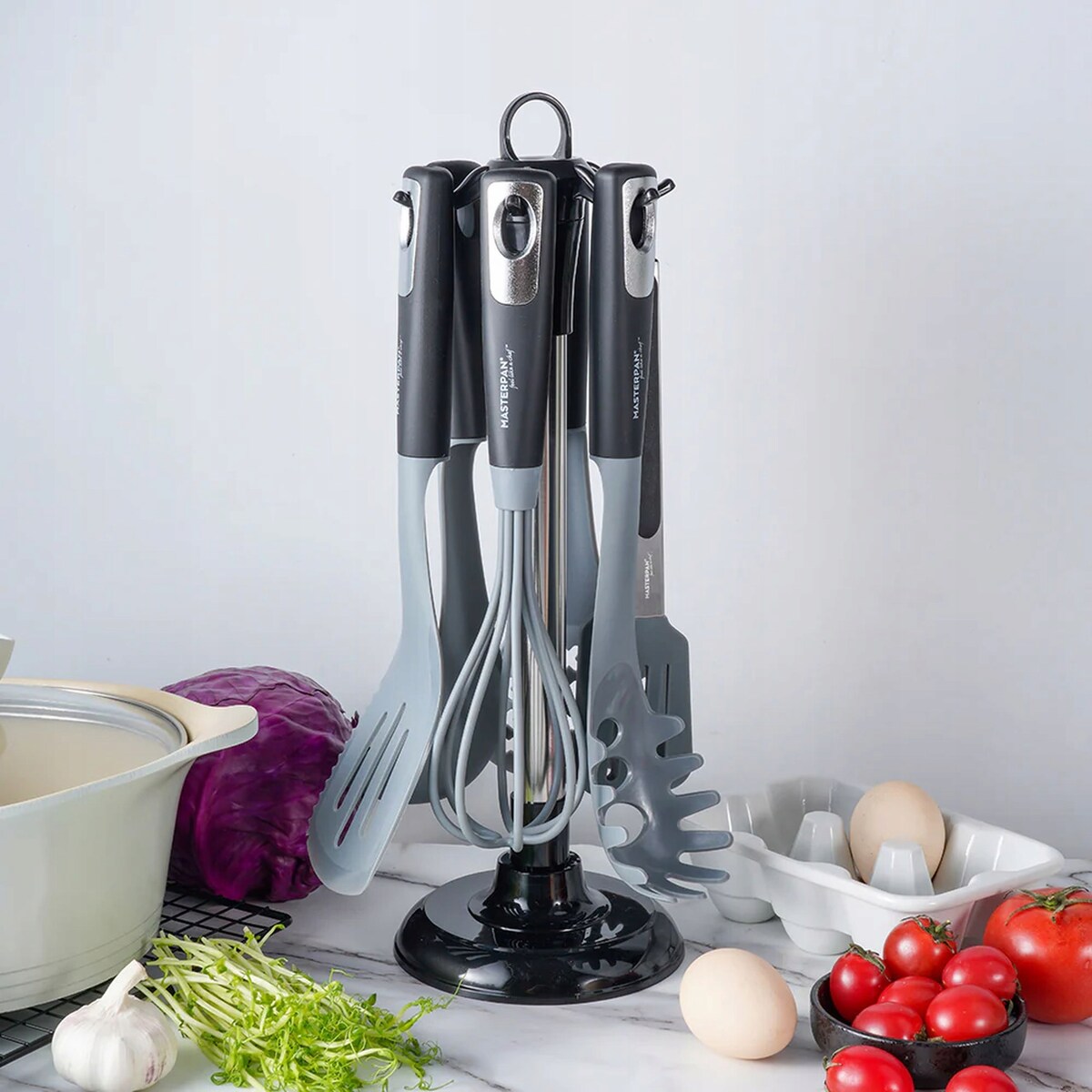 Zestaw Przyborów Kuchennych 7 El. Komplet Łyżka Trzepaczka Szczypce Stojak