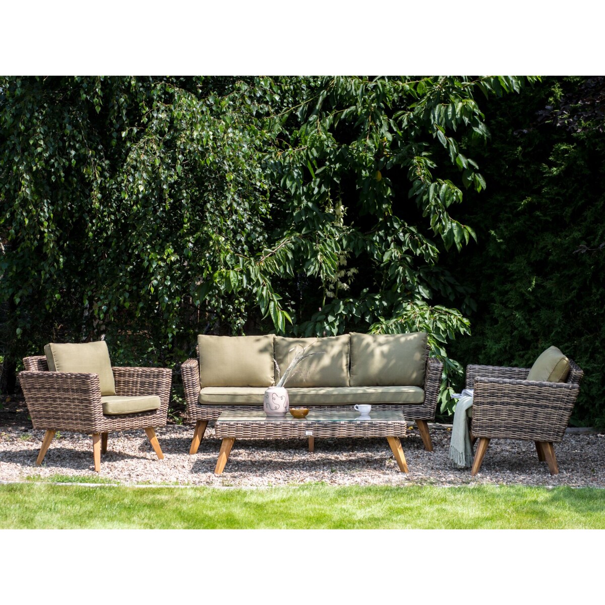 Zestaw ogrodowy ze stolikiem dla 4 osób VITTORIA Technorattan Oliwkowy