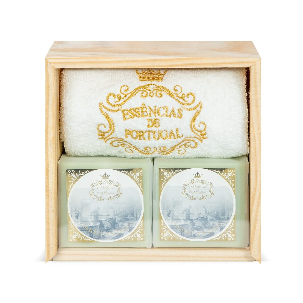 Zestaw 2x mydło oliwkowe ręcznik drewniane opakowanie