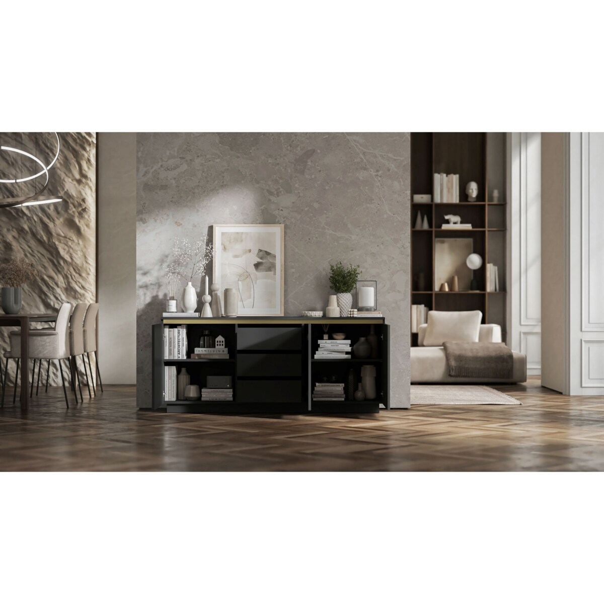 Komoda Glamour Nowoczesna Szafka RTV Czarny MAT ryflowane fronty 166,8 cm