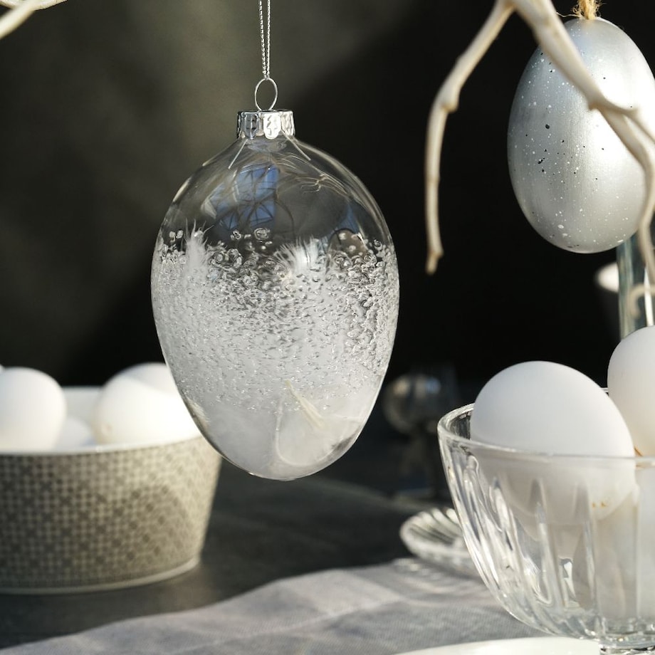 VILLA ITALIA Bombka jajko szklane z białymi piórkami 12 cm