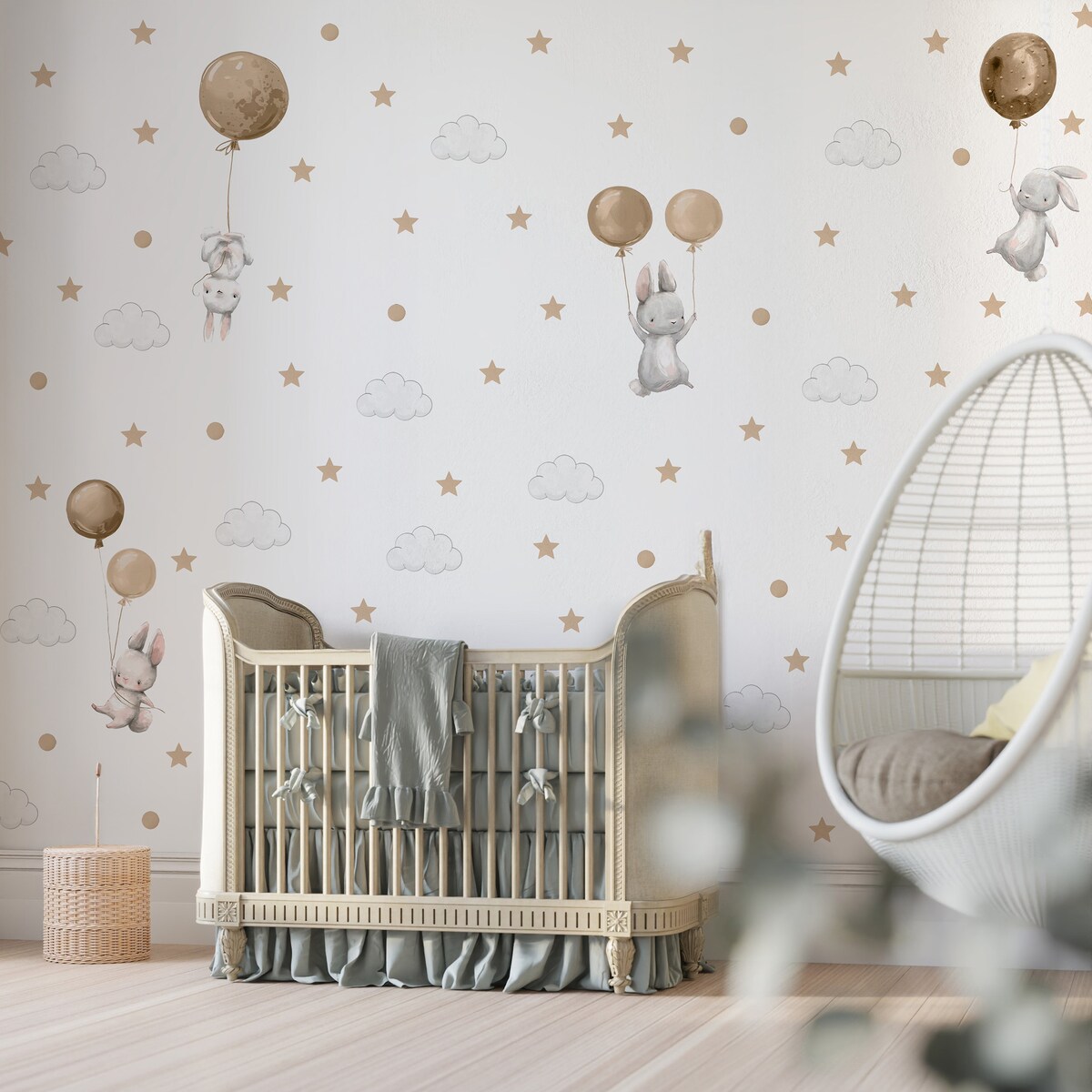 Naklejki Na Ścianę Dla Dzieci Króliczki Balony Chmury Gwiazdy Kropki ZESTAW 120x60cm