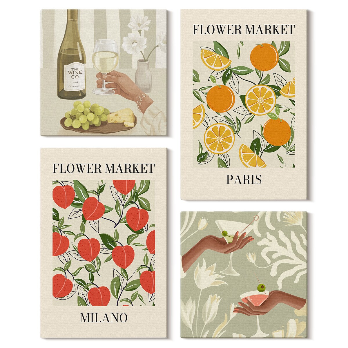 Zestaw 4 obrazów na płótnie - Kwiaty wino Mediolan Paryż - beżowy