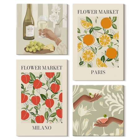 Zestaw 4 obrazów na płótnie - Kwiaty wino Mediolan Paryż - beżowy