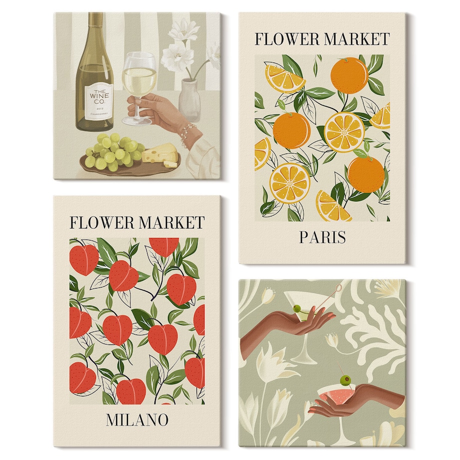 Zestaw 4 obrazów na płótnie - Kwiaty wino Mediolan Paryż - beżowy