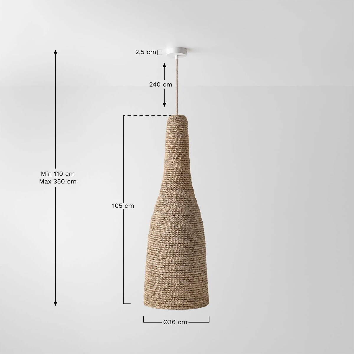 Lampa wisząca z sizalu, Jessica, Ø35 cm - ↑105 cm