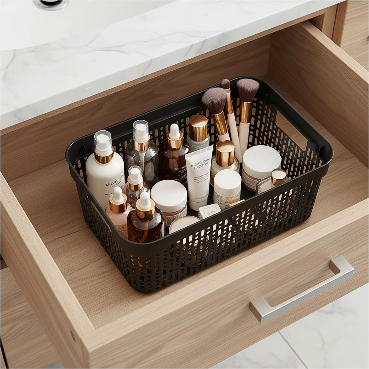 Koszyk Koszyczek Ażurowy L Plastikowy Na Kosmetyki Do Łazienki Pojemnik Z Pokrywką Zamykany Z Dziurkami Czarny