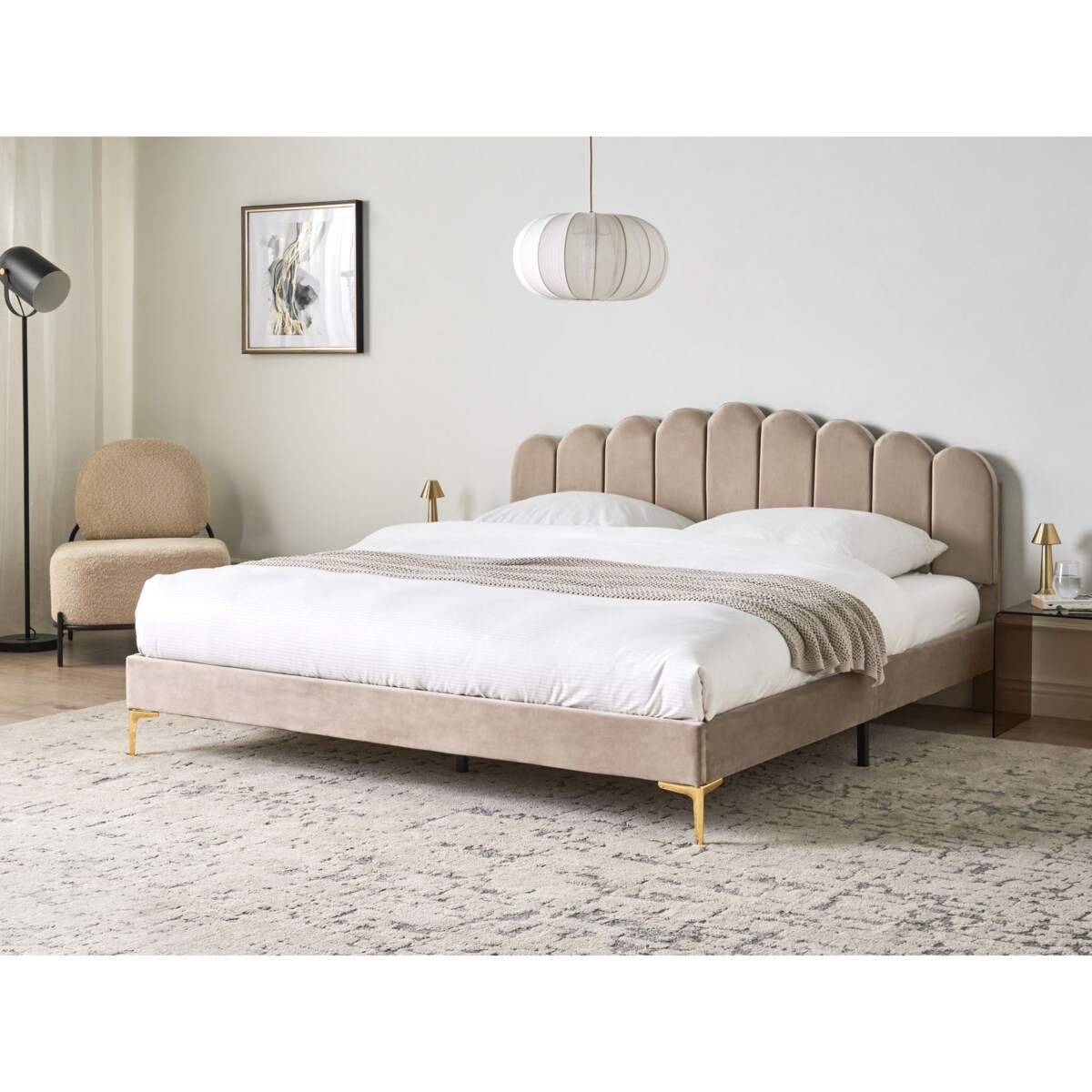 Łóżko Welur SAUVIAN 180 x 200 cm Beżowoszary
